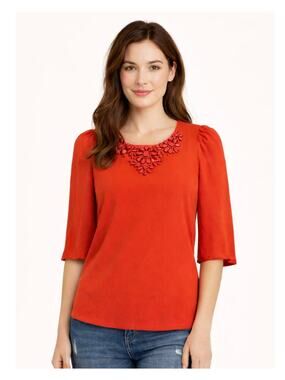 Kate Spade Tomato Red Jeweled Embellished Lined Blouse Back Zip Sz 0